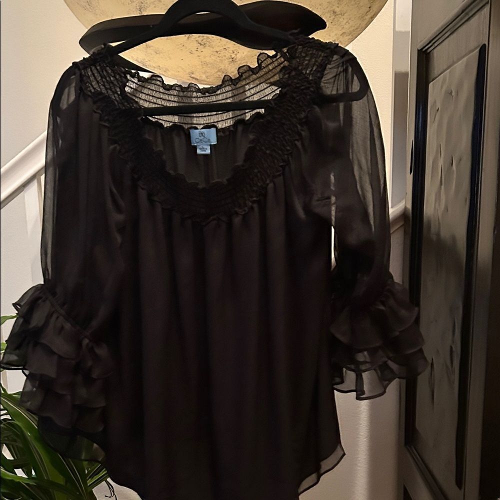 CeCe Black Sheer Ruffled Blouse